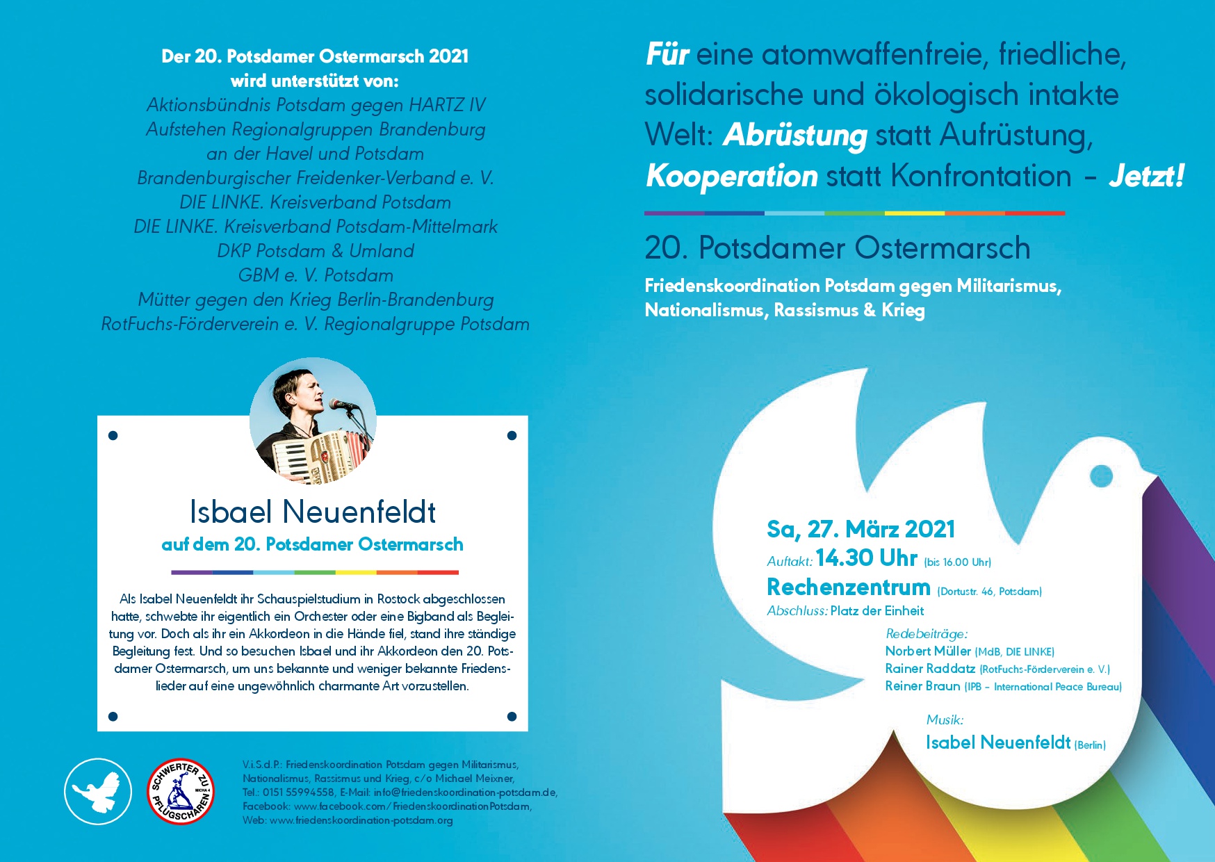 Aufruf-Flyer 20. Potsdamer Ostermarsch. Bitte Veränderung des Veranstaltungsortes beachten. Neu: Platz der Einheit.